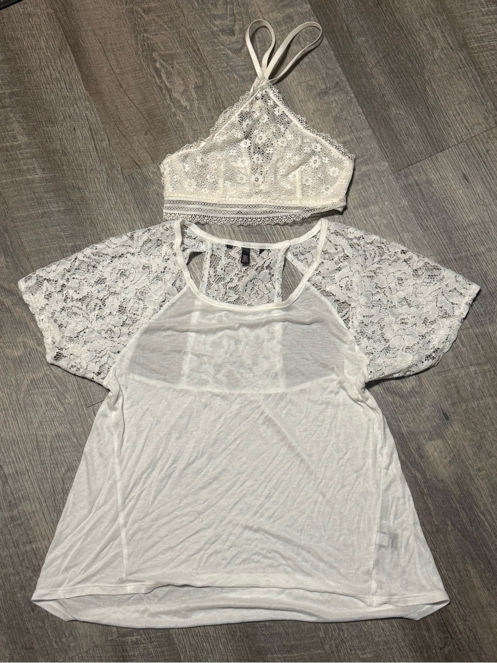White Lace Bralette and Sheer Lace-Sleeve Tee Set B1